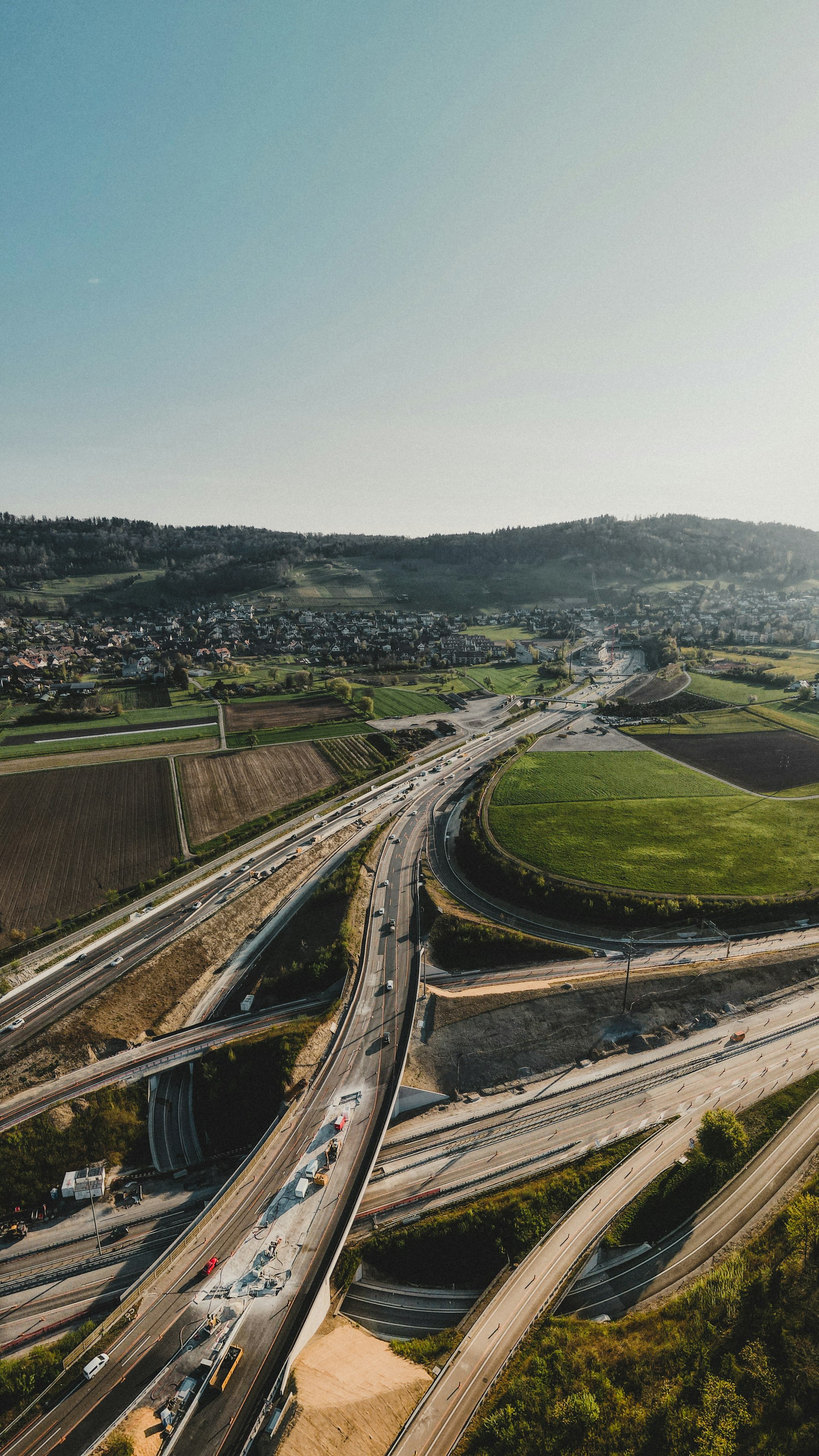 Aerial view of highway interchange construction by NRX Asphalt